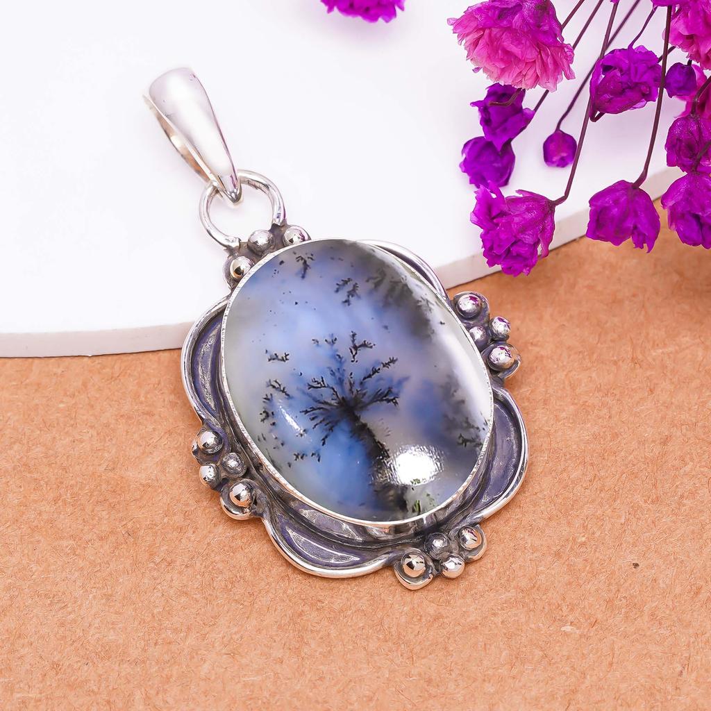 Dendritic Agate - Brazil 925 Sterling Silver Pendant V8188, White Pendant, Oval Pendant, Valentin's Day Gift, Gift For Her, Birthday Gift, Handmade Je