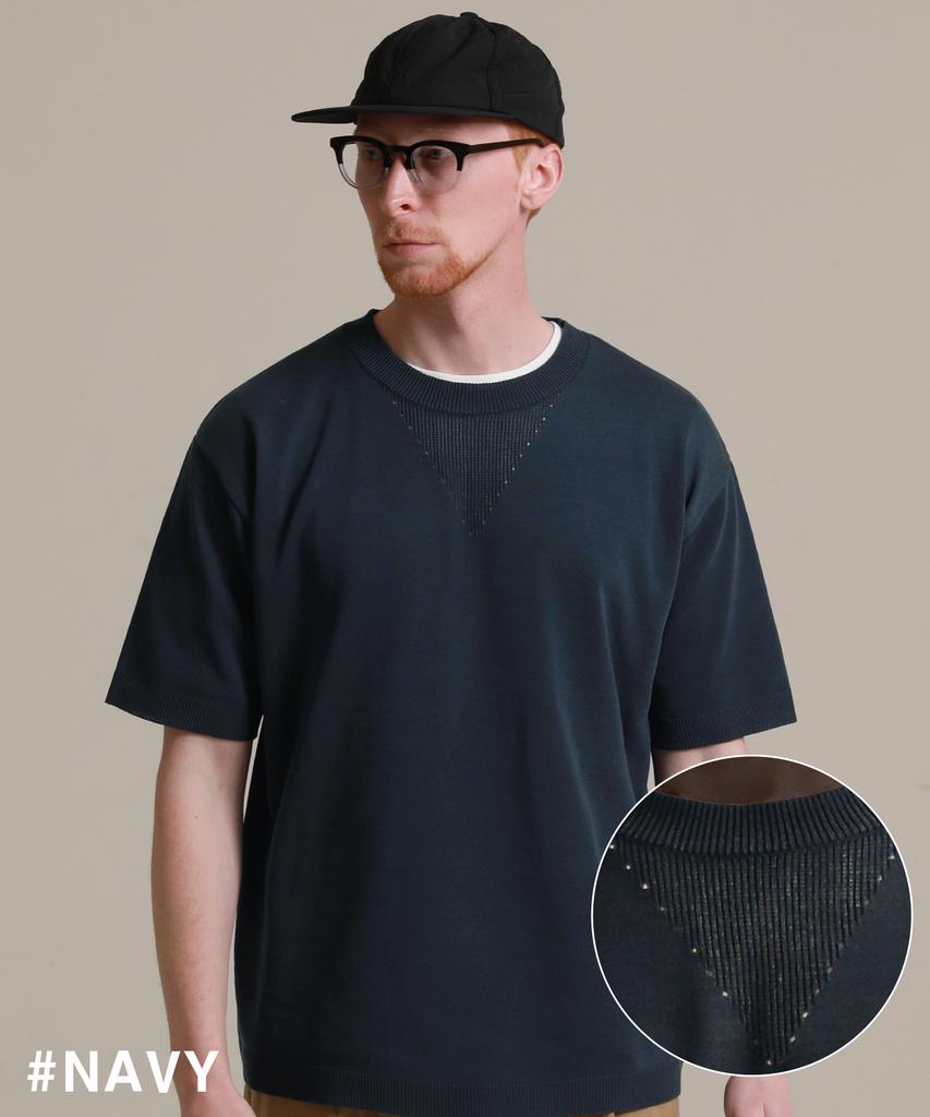 STAGE NAME Cool Soft Neck Punching Knit Short Sleeve Tee_Navy