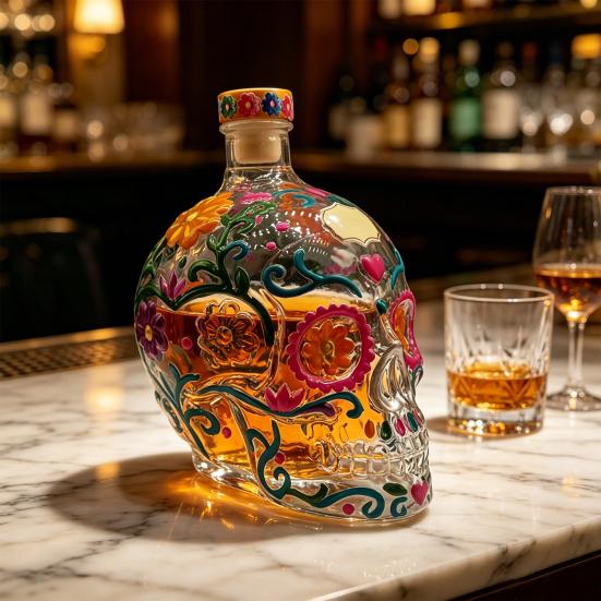 Yousheng Gotische Schedel Karaffen, Handgeschilderde Glazen Likeur Fles met Bloemenpatroon, 3D Gebeeldhouwde Wijn Dispenser voor Home Bar, Halloween Decoratie