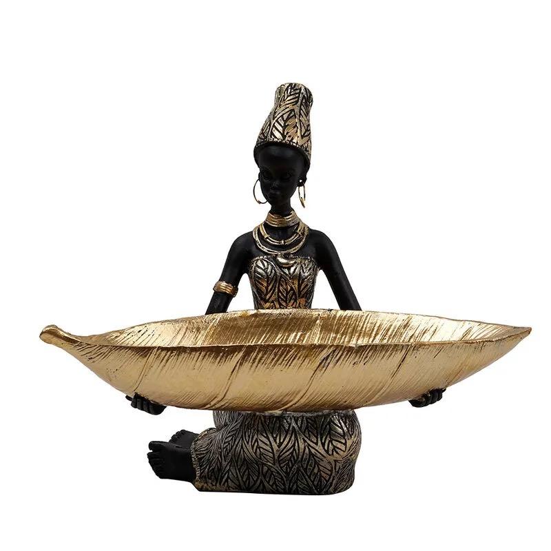 African Woman Fruit Plate Resin Storage Ornament – Decorative Desk Tray for Home & Office