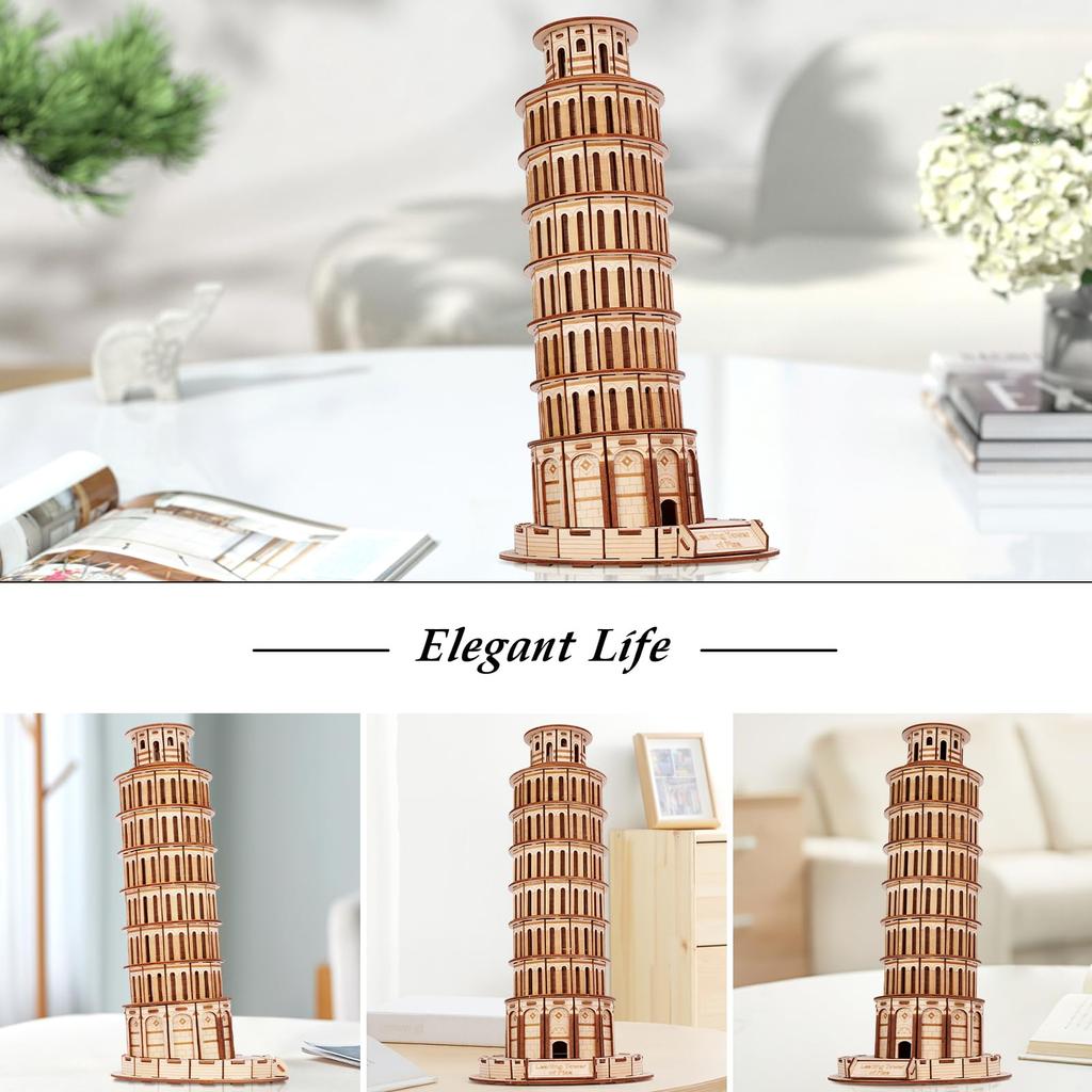 Hallisun 3D Wooden Puzzle Leaning Tower of Italy Wooden Model Building 3D Mechanical Building Kit Suitable for Adults and Kids Vintage Home Birthday