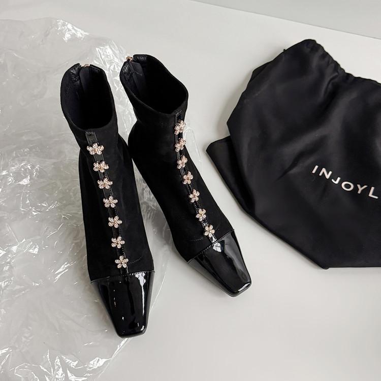 

Skinny 2025 autumn new boots square head high heel short boots thin heel flower decorative design women s boots women 34