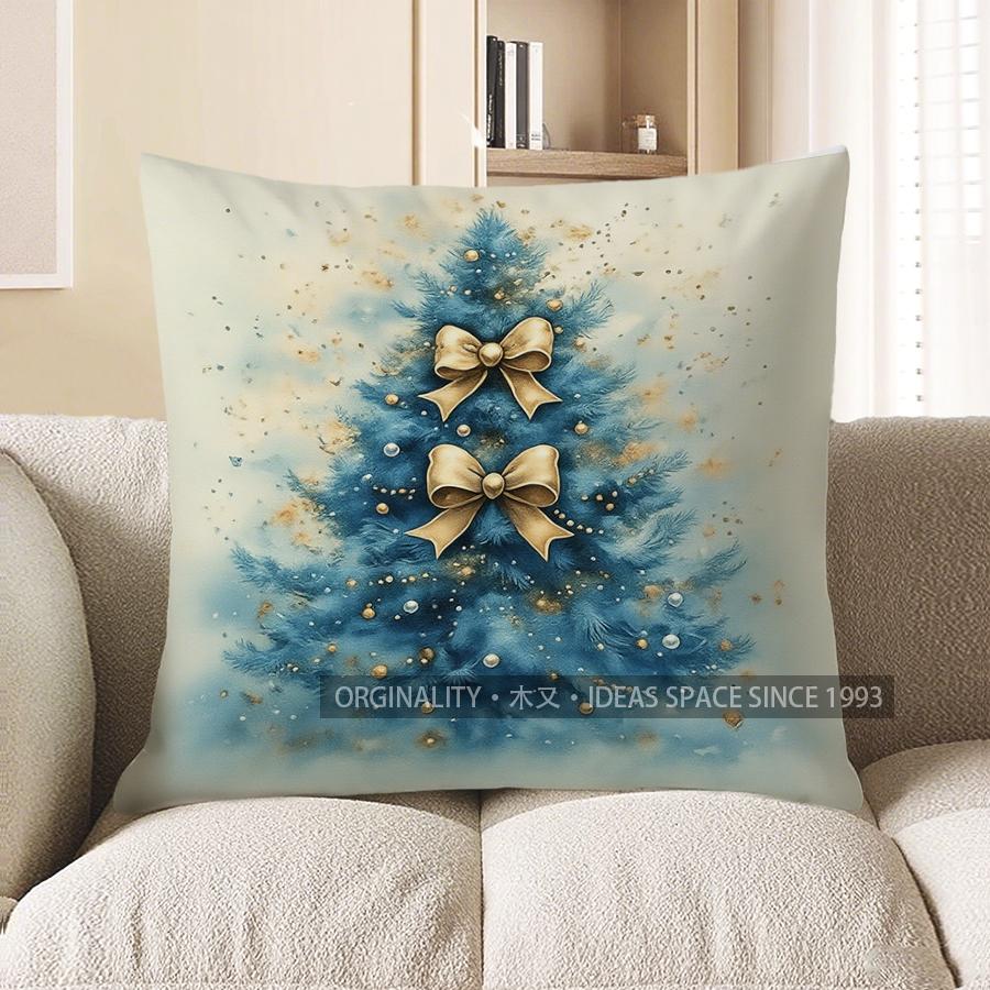 Home Decor Blue Pine Wreath Merry Christmas Pillow Pattern Cushion Cover Suitable For Sofa Bedroom Car Pillow Cover
