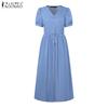 ZANZEA Women Casual V-Neck Short Sleeve Loose Summer Long Dress
