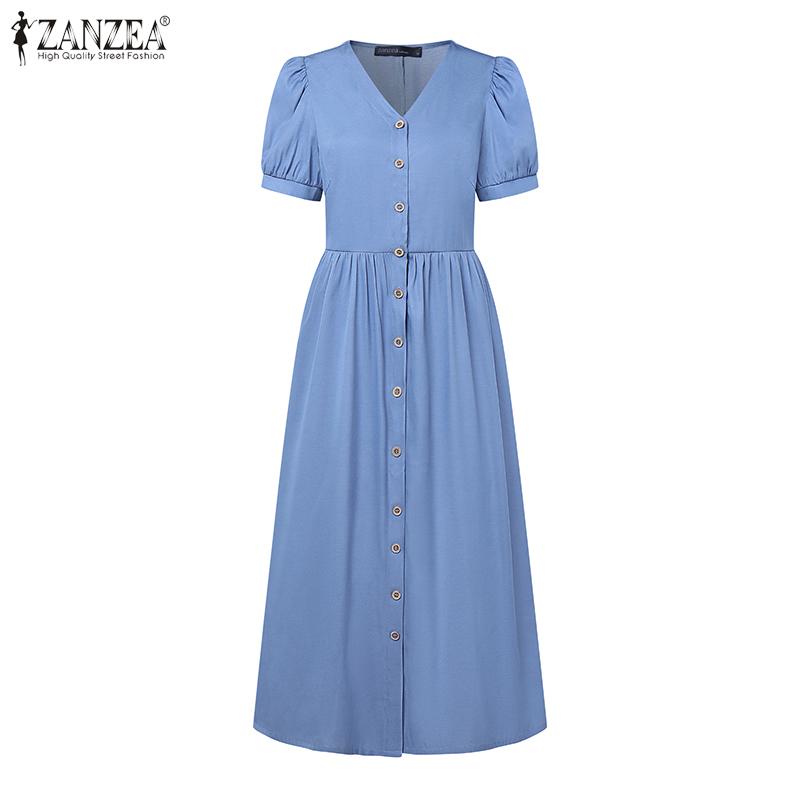 ZANZEA Women Casual V-Neck Short Sleeve Loose Summer Long Dress