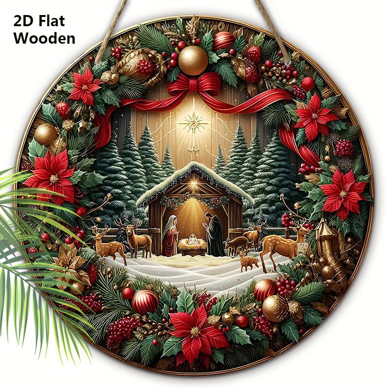 

Nativity Wooden Christmas Sign - Navidad Jesus Round Sign for Front Door Wall Hanging Decor - Ideal Christmas Decoration 20cm/7.87in красный
