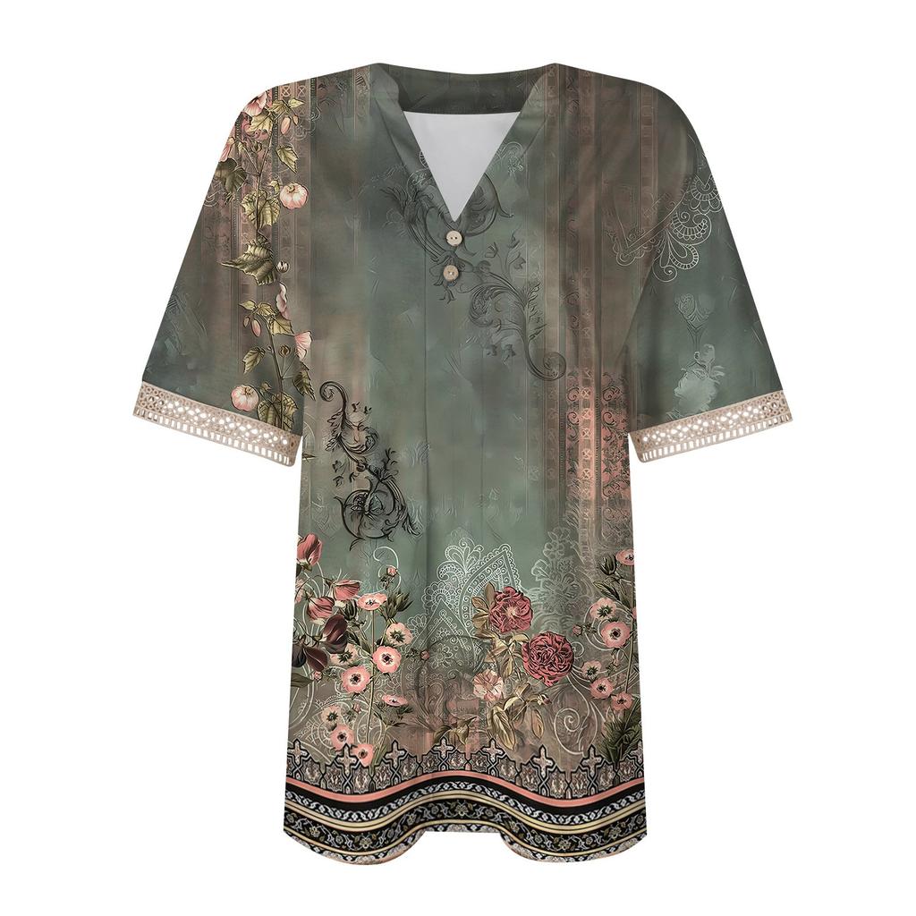 Women's Top Loose Casual V-Neck Lace Sleeve T-Shirt Short Sleeve Floral Print Top