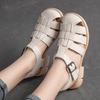 Johnature Genuine Leather Low Heel Breathable Sandals Retro Versatile Solid Color Women's Shoes