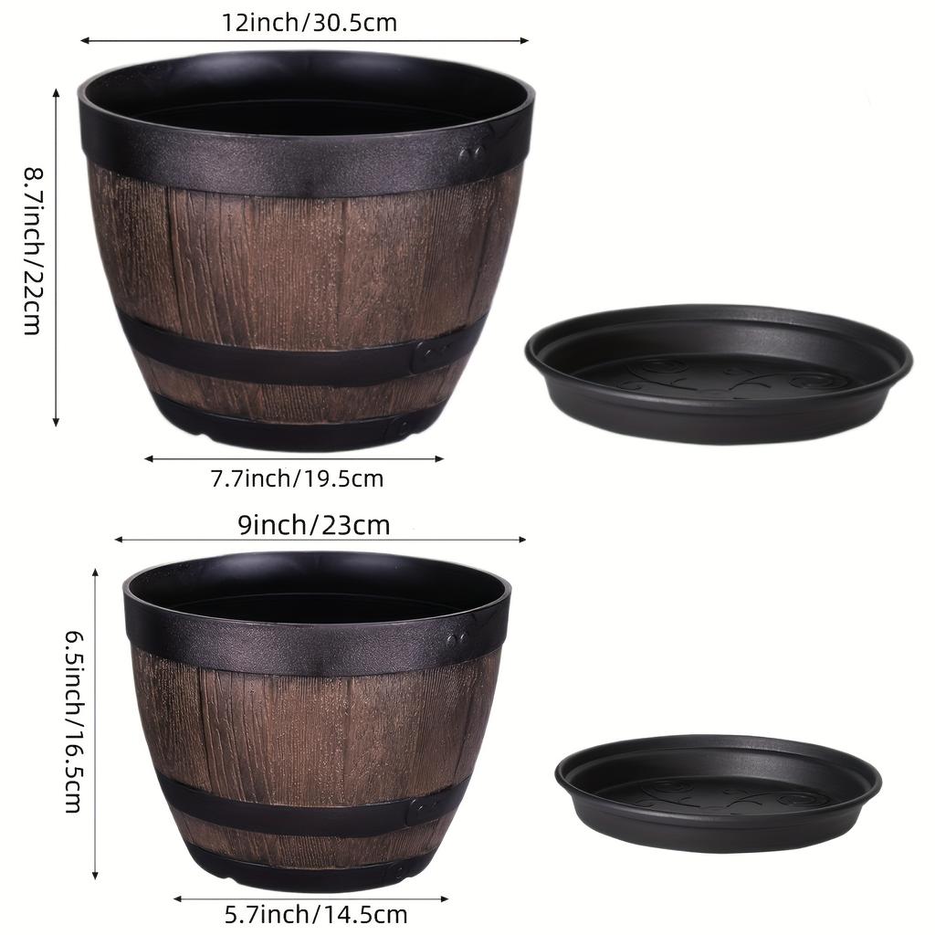 2pcs A Set of Retro Barrel Flower Pots with Tray - One Base + One Pot, Striped Plastic Flower Pot with Drainage Holes, Suitable for Indoor and Outdoor