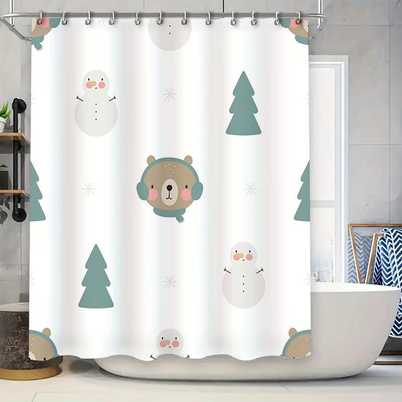 

Snowman Bear Christmas Tree Waterproof Shower Curtain For Bathroom Decorations Home Decoration Fabric Bath Towel With Hook White W60H190(CM)-1 Pcs