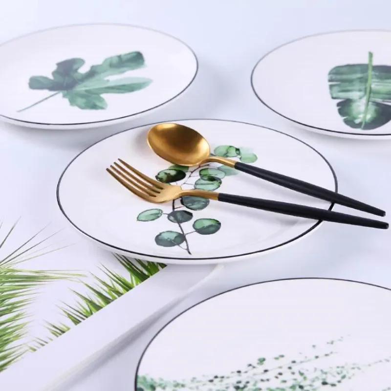 8 Inch Green Plants Ceramic Plates Dinner Porcelain Dessert Plate Beef Dish Fruit Plate Cake Tray Food Ceramic Tableware 1pc