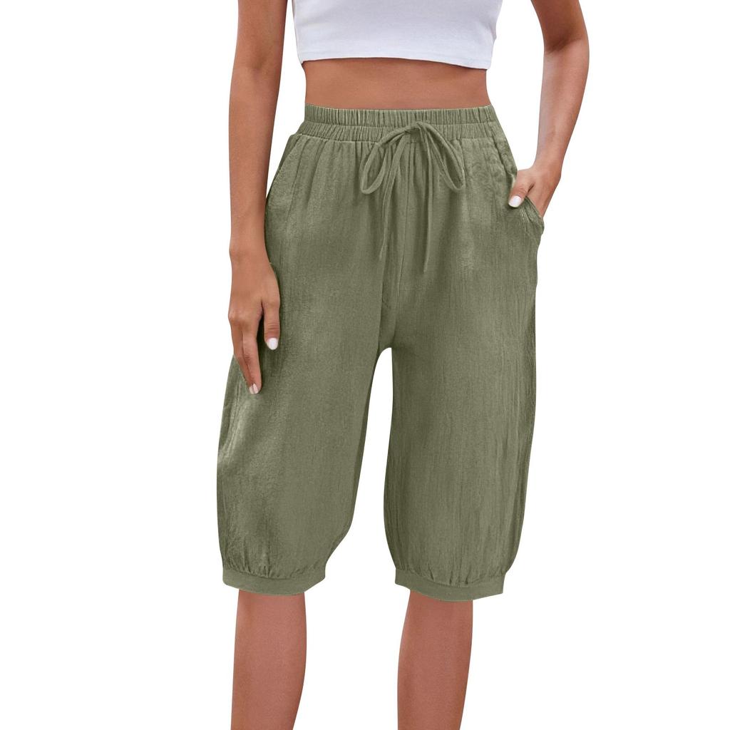 Women's Fashion Solid Color Drawstring Tight Waist Pocket Five Quarter Casual Pants