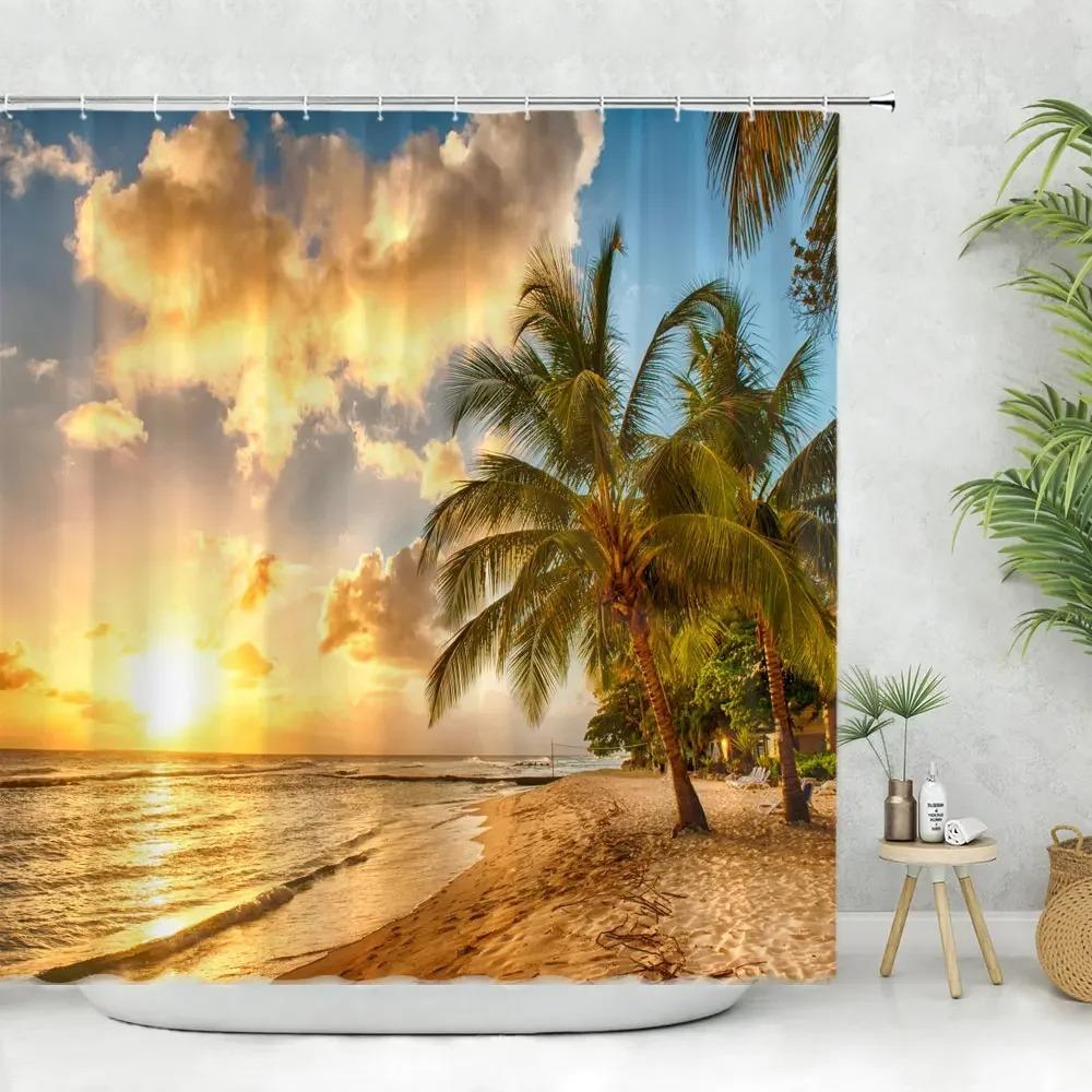 Paesaggio Marino Tenda da Bagno Doccia Tenda da Doccia Tropicale Oceano Spiaggia Foglia di Palma Lavabile Tende da Bagno Tessuto in Poliestere Decorazione per la Casa