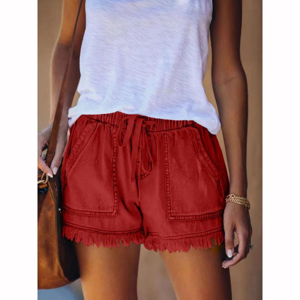 Jean Shorts Women's Drawstring Elastic Waisted Casual Denim Pocket Tassel Soft Summer Trendy Jeans