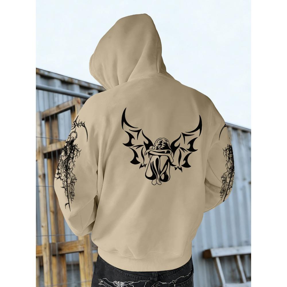 Autumn Winter Trendy Men's Vintage Streetwear Hooded Sweatshirt with Gothic Design, Featuring Demon Wings and Thorns Print on the Back