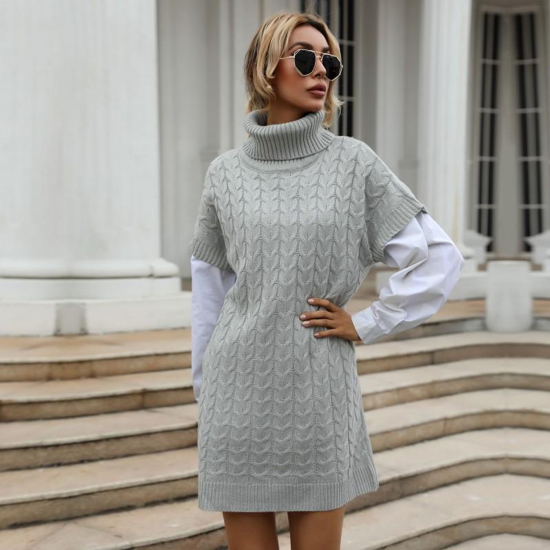 

Повседневный модный и элегантный осенний однотонный трикотажный длинный свитер с воротником-стойкой L светло-серый