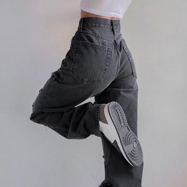 Kadın Rahat Denim Kot Yüksek Bel Yırtık Delik Düz Gevşek Kot Pantolon Bayanlar Rahat Baggy Jean