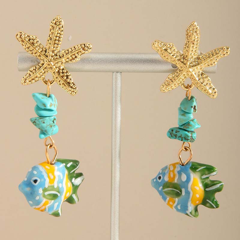 Colorful Ceramic Fish Drop Earrings for Women Bohemian Crushed Stone Metal Starfish Earrings Beach Vacation Jewelry Accessories
