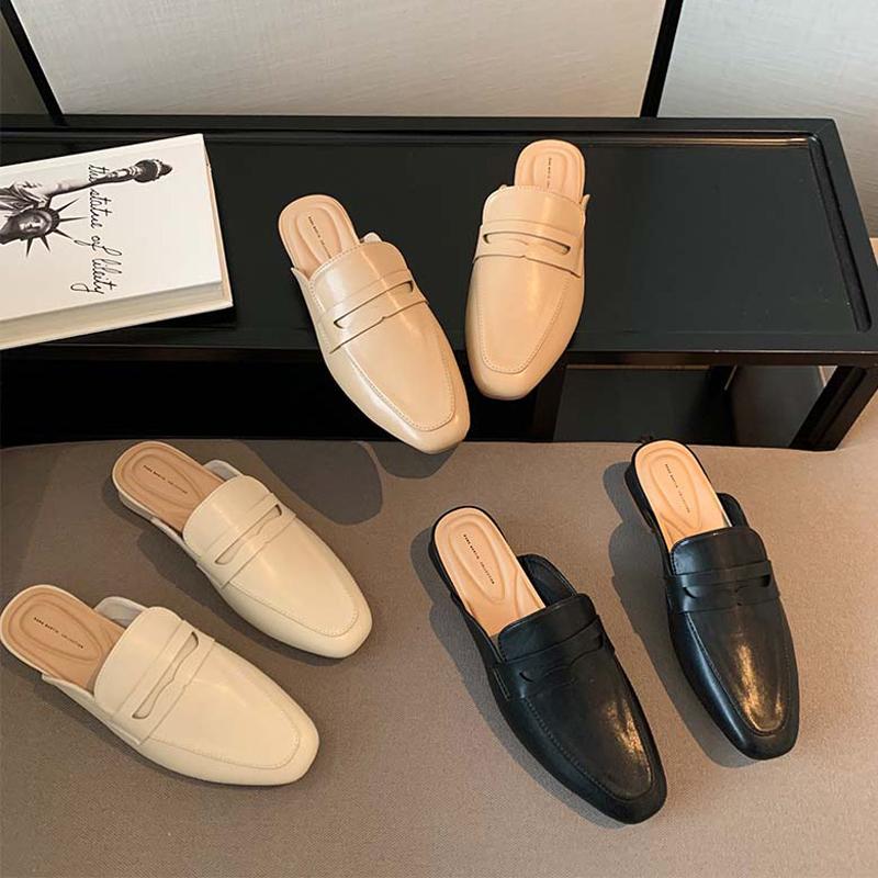 Mulheres de verão mulas deslizam em mocassins baixos fechados bico quadrado mocassins moda confortável couro pu sem costas mulas sapatos casuais slides