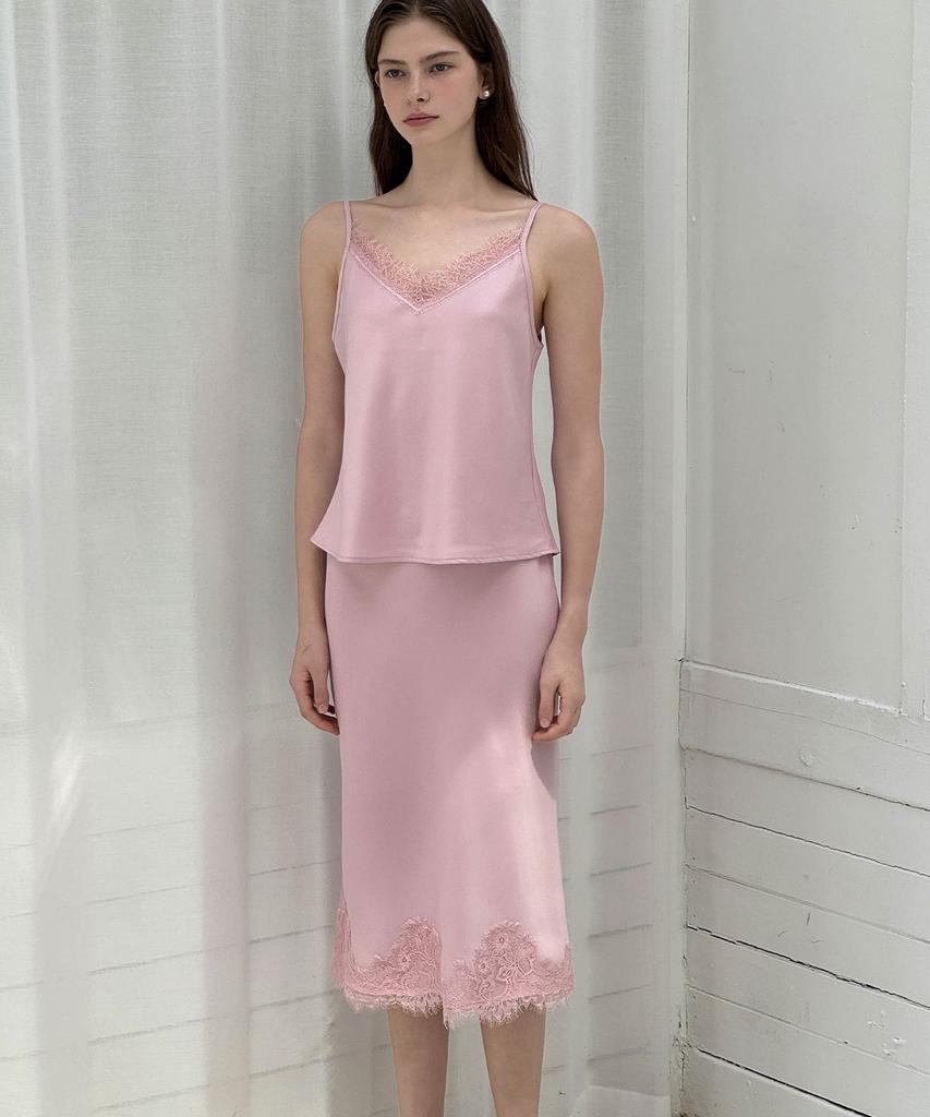 LAUTREDE MIN Lautre Lace Satin Flare Pink Skirt