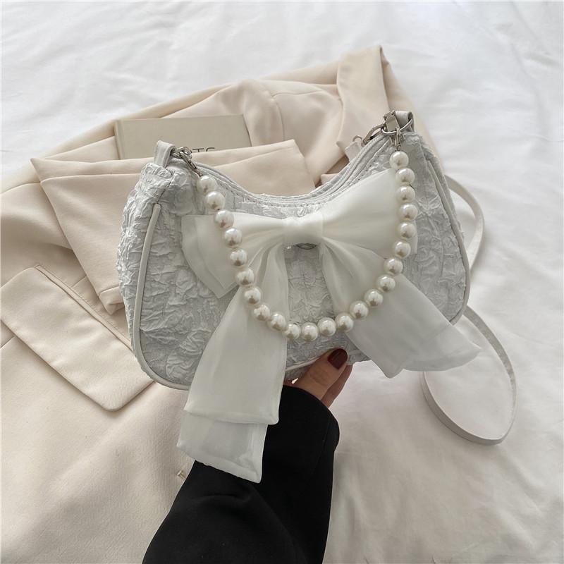 Women's Summer 2026 Trendy Crossbody Bag: Pleated Pearl Handbag with Cute Bow