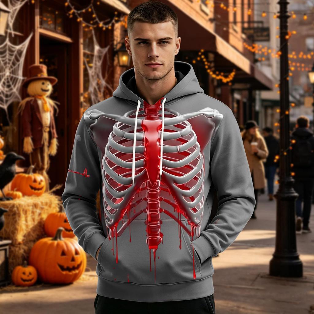 Men's Halloween Funny Skeleton Print Long Sleeve -Lined Pullover Hoodie with Pocket