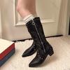 Fashion Retro Pointed Toe Chunky Heel Western Cowboy Boots Women Spring Autumn Side Zipper Rivets Embroidery V-mouth Long Knight Botas