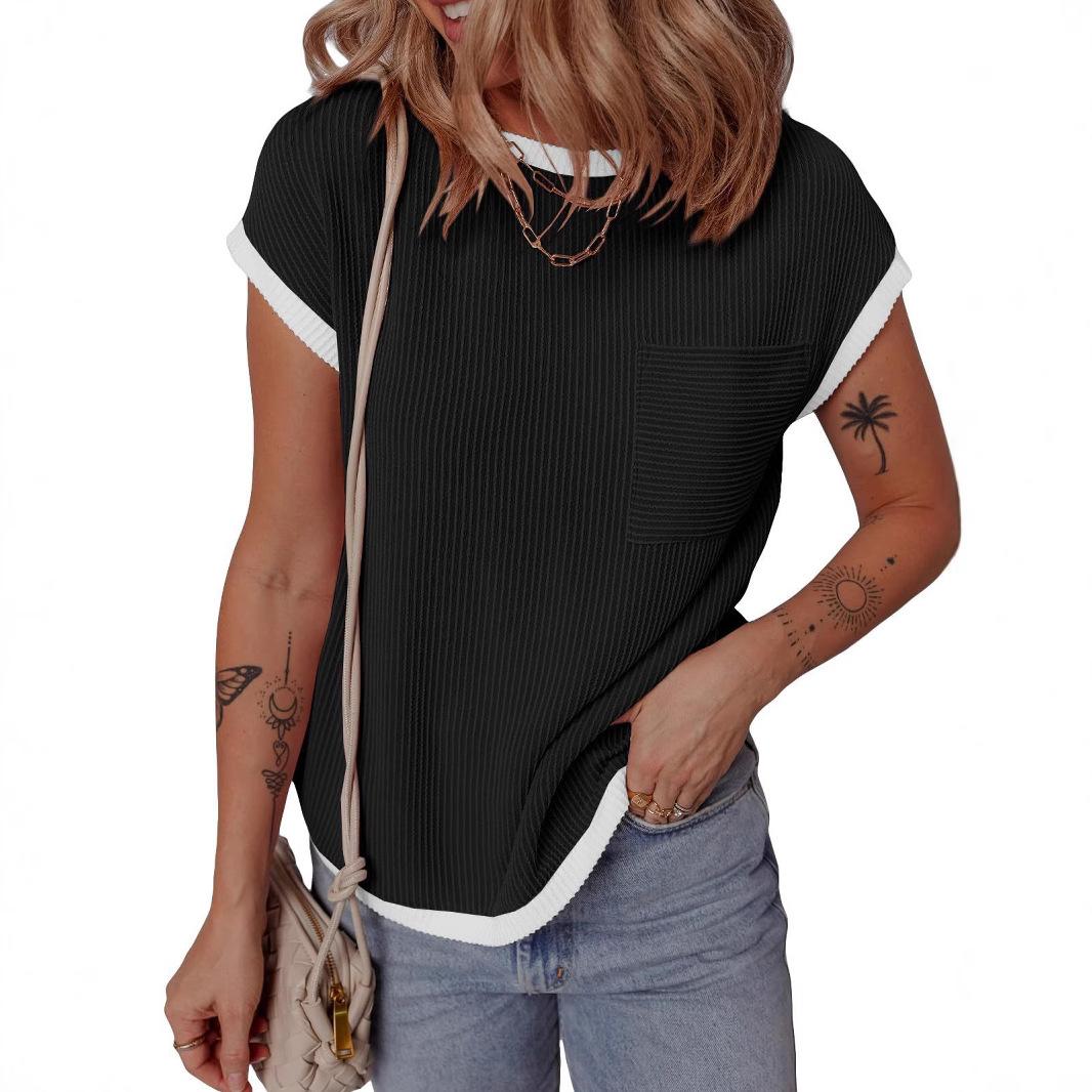 Women Beige Ribbed Knit Contrast Trim Round Neck Batwing Sleeve Pocket T-Shirt S чёрный