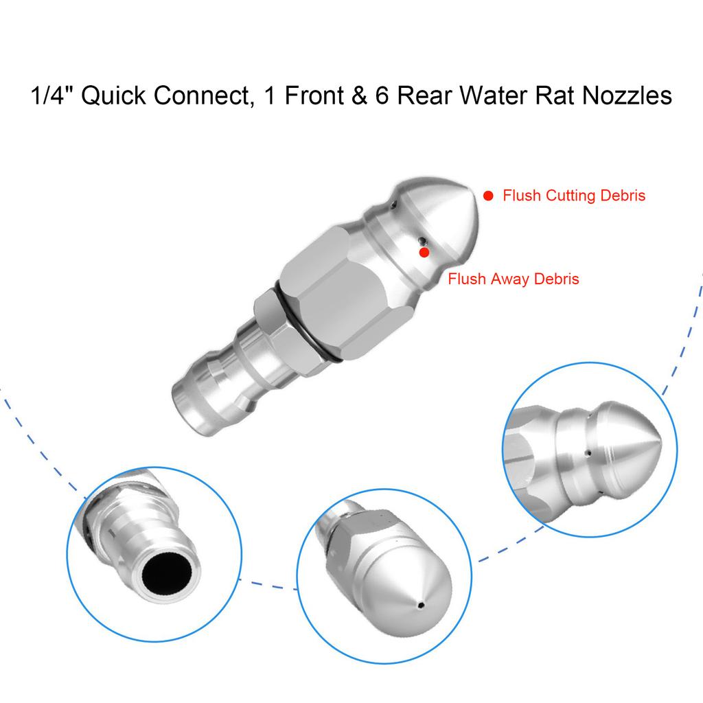 Pipe Cleaning and Unclogging Nozzle with Quick Connector Stainless Steel Sewer Jetter Nozzle for Washer Systems Outdoor Clean
