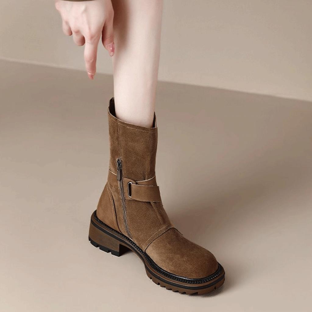 Retro Belt Buckle Thick-soled Martin Boots Women's 2025 Autumn New Imitation Cowhide Thick Heel British Short Boots Western Cowboy Boots