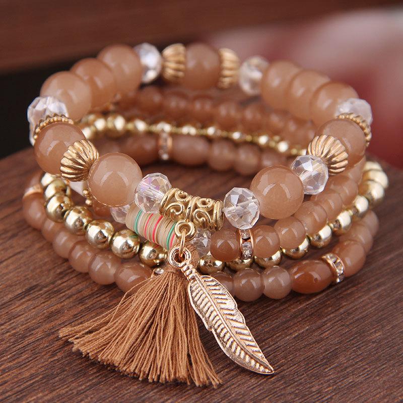 DIEZI Korean Ethnic Bohemian Crystal Beads Leaves Charm Bracelets For Women Girls Elastic Rope Wrap Bracelet Pulseira Feminina