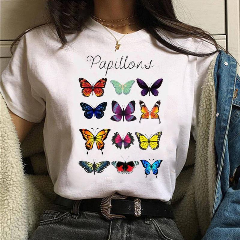 Short Sleeve Summer Fashion Women's Clothing Beautiful Watercolor Butterfly Printing White Ladies Casual Loose Personality TT-shirt
