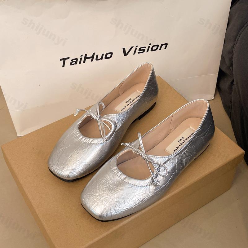 Fashion Women Ballet Flat Shoes 2025 Summer Square Toe Bow Women Loafers Shoes Lace Up Sandals Soft Casual Shoes Mujer De Zapatillas