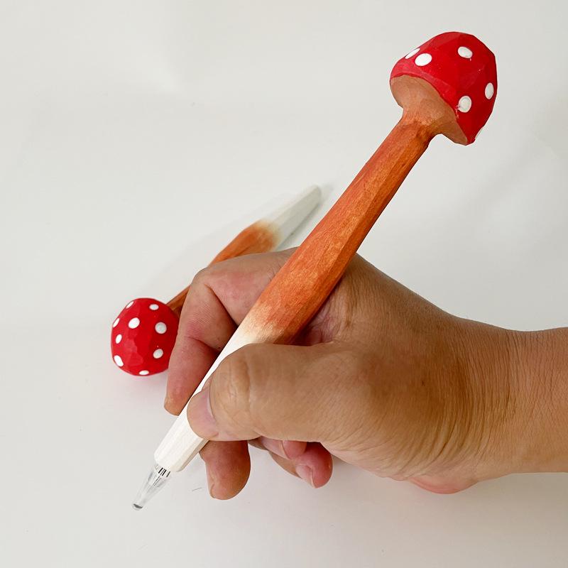 Cute Mushroom Handmade Wooden Carving Pen with Penholder - Creative Study Gift
