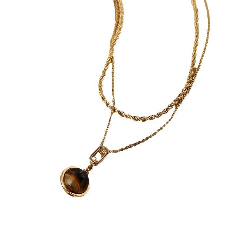 Vintage Style Layered Tiger Eye Stone Necklace Women Men Geometric Design Copper Chain With Twisted Link 51-60cm Length