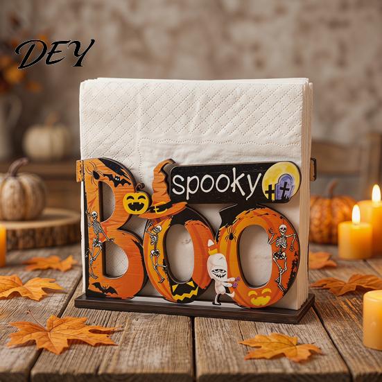 Cute Desktop Storage Box Halloween Wooden Napkin Holder, Pastel Pumpkin Ghost Black Cat Tabletop Tissue Dispenser, Waterproof Party Table Decor