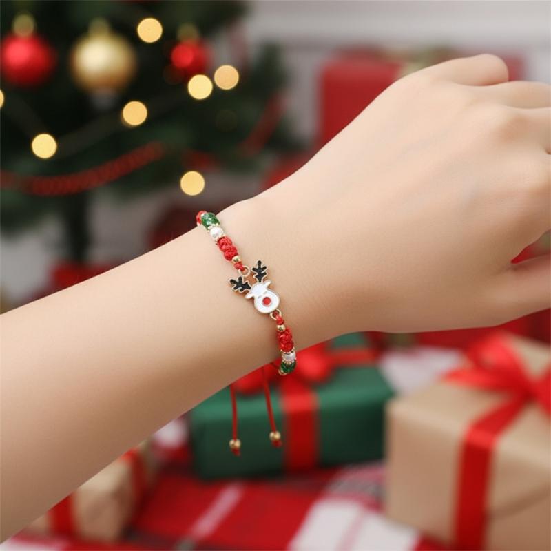 Festive Adjustable Rope Bracelet Set With Santa Claus Snowman Charm 12PCS Zinc Alloy Holiday Gift For Women