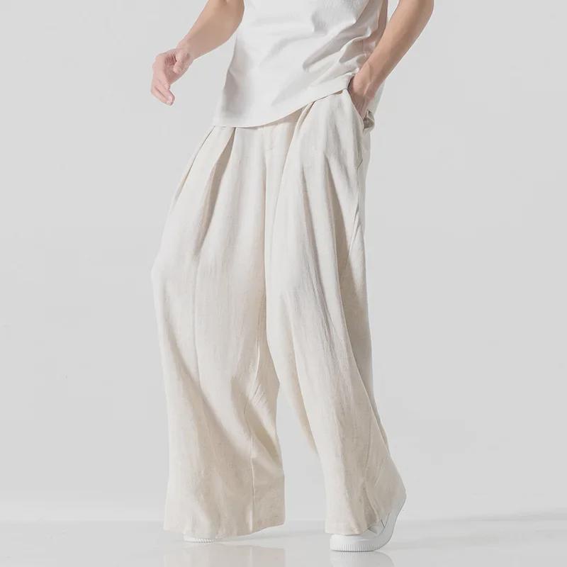 Men's Chinese-Style Wide-Leg Linen Hanfu Pants - Fairy Drape, Loose Fit, Ancient Costume-Inspired