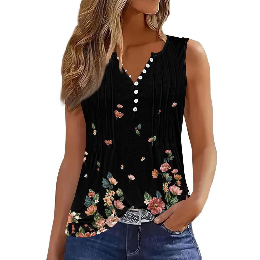 Women's Flowers And Plants Casual Loose Pleated Shirt V Collar Button-down T-shirt Shirt Sleeveless Vest Top