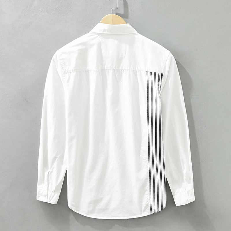 Spring Summer100 Cotton Long Sleeve White Shirt Men Square Patchwork Striped Shirt Korean Fashion Mens Shirt Daily Casual Tops