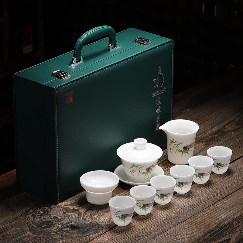 High-value set of ceramic ice suet jade porcelain kung fu tea set for home use, high-end business gifts