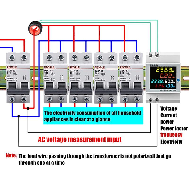 A96I-D52-2066 Electricity Usage Monitor Din Rail Energy Meter 100A Voltmeter Ammeter Watt Kwh Frequency Power Meter