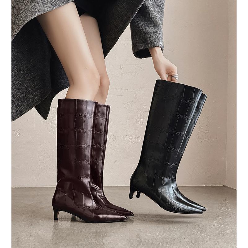 Fashion 2025 Autumn Women Boots Split Leather Women Shoes Pointed Toe Thin Heel Slip-on Knee High Boots Western Modern Ladies Boots