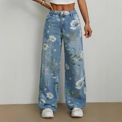 Jeans Feminino Estampado de Cintura Média e Pernas Largas Primavera/Verão 2026
