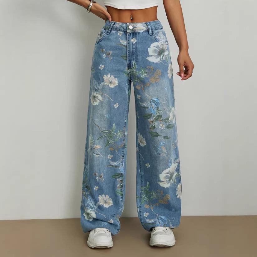2026 Spring/Summer Women's Printed Mid-Waist Wide-Leg Jeans