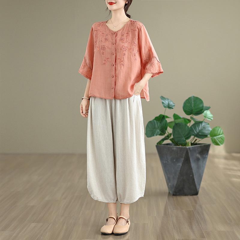 2026 Artistic Retro Plus Size Embroidered Cotton-Linen Slimming Pants Set for Women XL