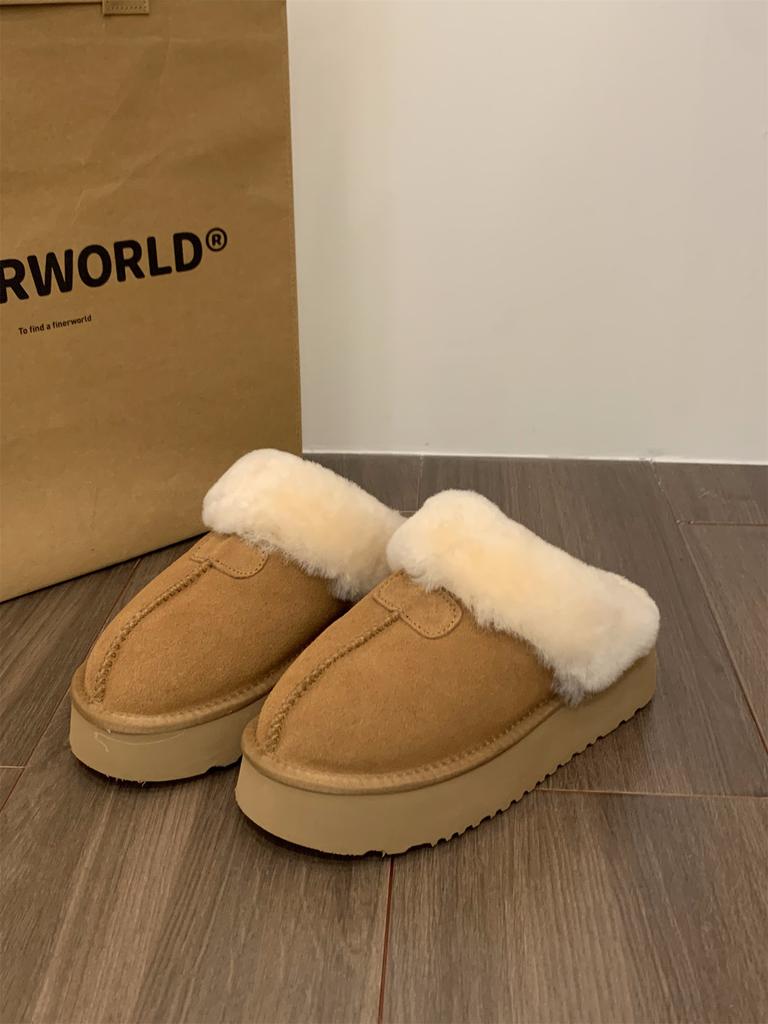 Slippers women wear new winter fur integrated thick-soled bag head fluffy slippers plush snow boots cotton shoes