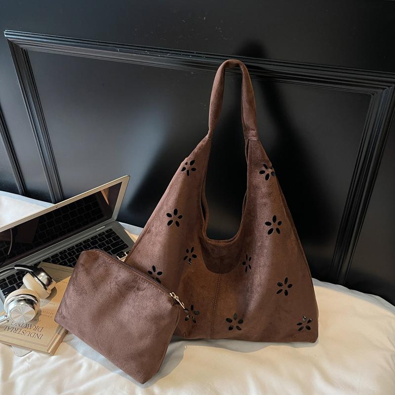 Faux Suede Women's Hollow Flower Shoulder Bags Matte Leather Female Underarm Bag Vintage Large Capacity Female Tote Handbags