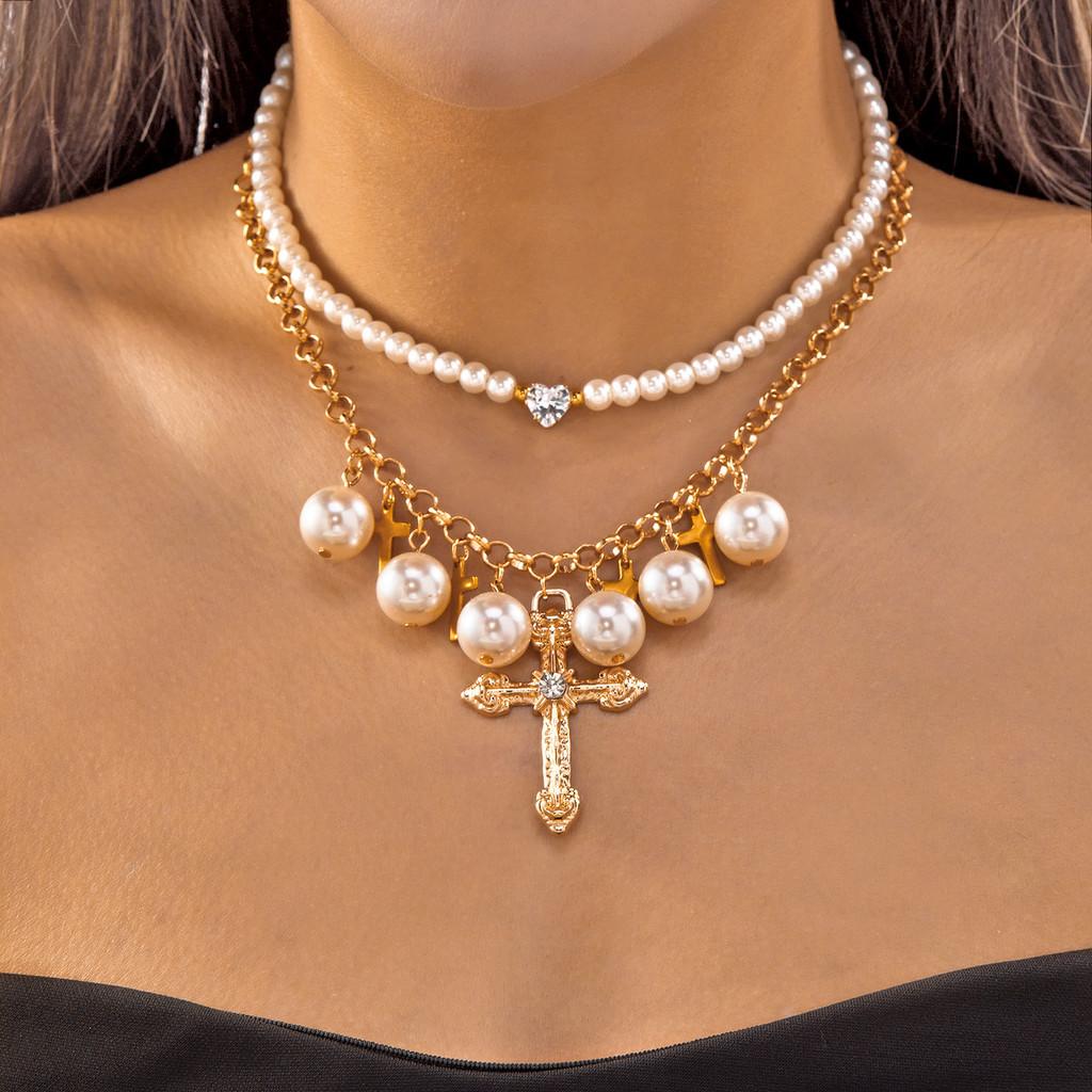 Cross Pendant Necklace Set With Faux Pearl Geometric Design For Women Winter 2025