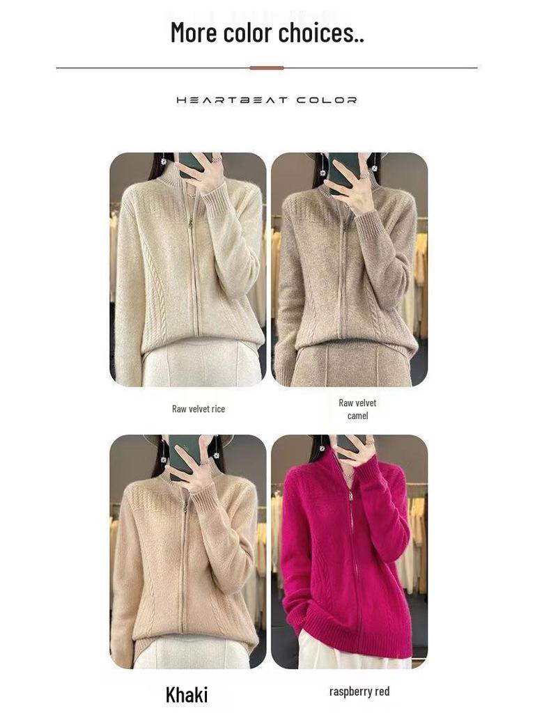 2024 Women's Retro Zipper Cardigan: Autumn Winter Loose Knit Semi-High Neck Sweater